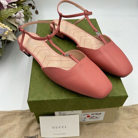 Women’s Gucci T strap, GG, pink, leather ballet flat size 40 made in Italy - Picture 1 of 7